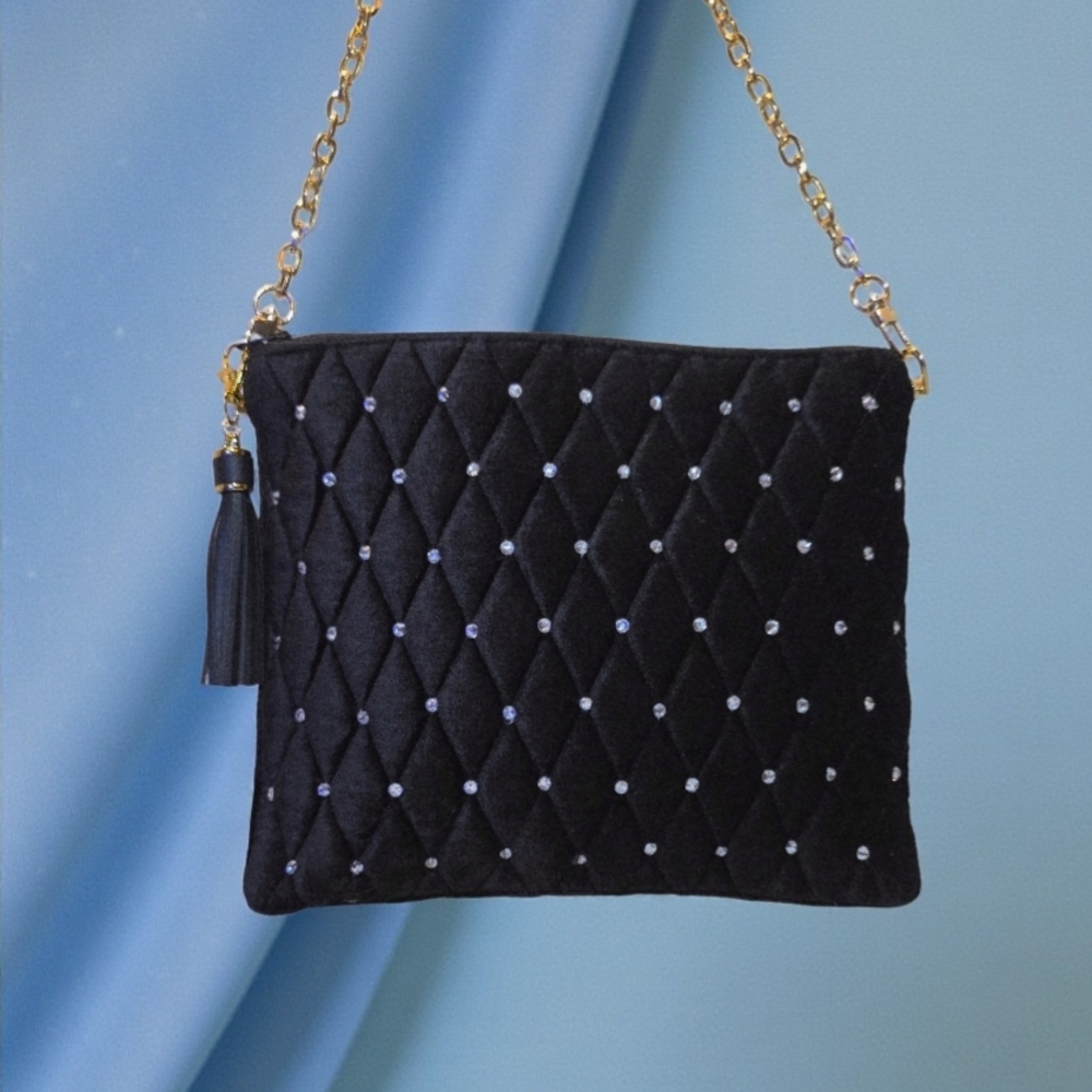 PRICE DROP!! Black Velvet Quilted Shoulder Bag with Gold Chain and Tassel NWOT